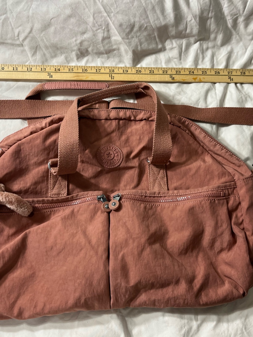 Kipling Dusky Rose Canvas Travel Duffel with Monkey Charm